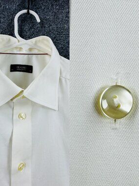 Eton Point Herringbone Men 17.5 Ivory Premium Button Up Elegant Long Sleeve